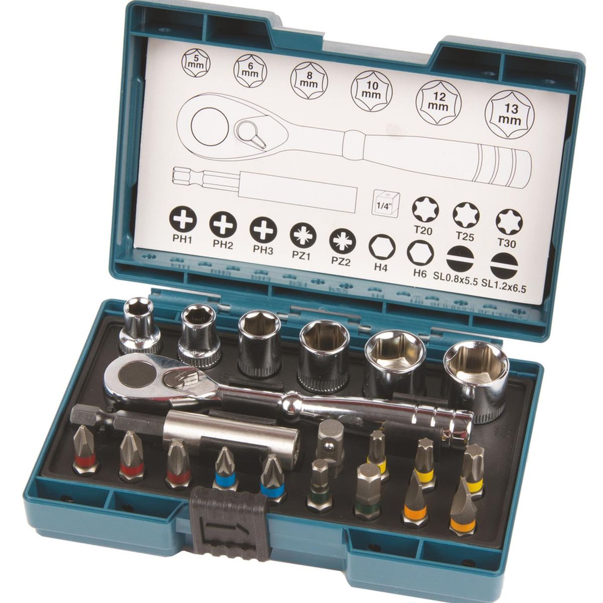 MAKITA - Set Puntas y Dados Cuadrante 1/4'' 21 PZAS - Makita