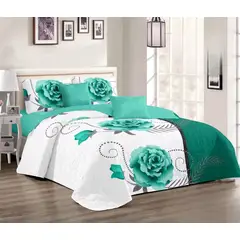 GENERICO - Quilt de Verano 2 plazas. Turquesa con Rosas TFCC502