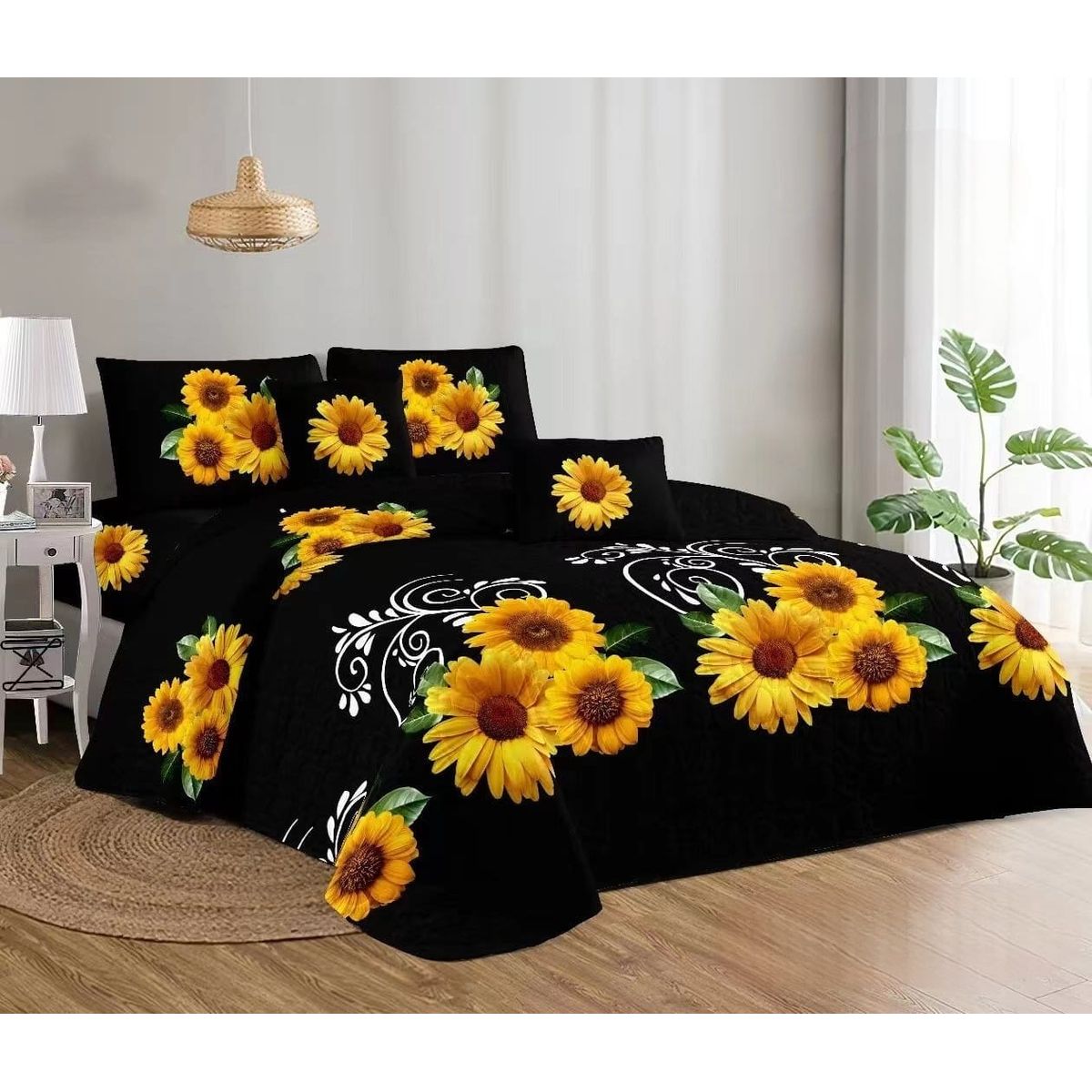 GENERICO - Quilt de Verano 2 plazas. Negro con Girasoles  TFCC507
