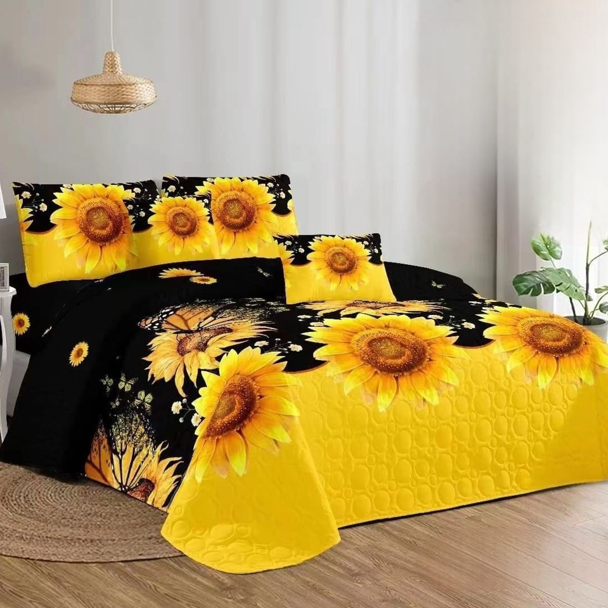 GENERICO - Quilt de Verano King Color Negro con Girasoles TFCC131