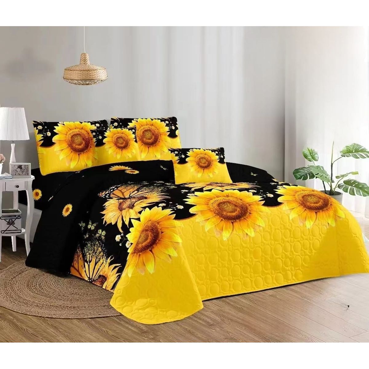 GENERICO - Quilt de Verano King Color Negro con Girasoles TFCC131