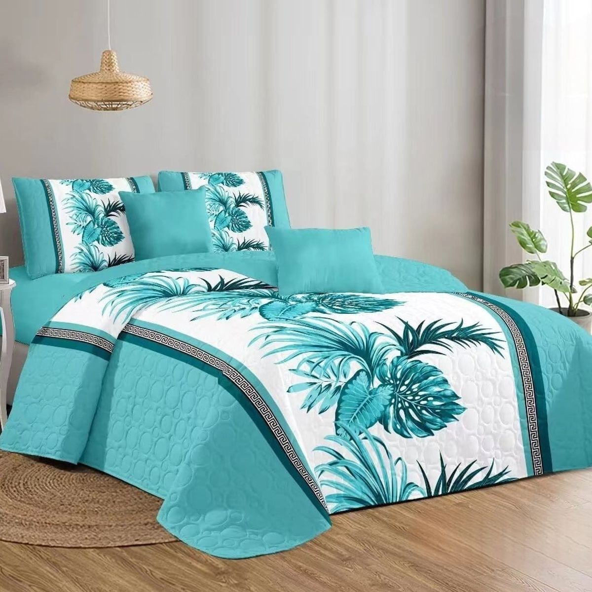 GENERICO - Quilt de Verano King Color Turquesa con Hojas TFCC505