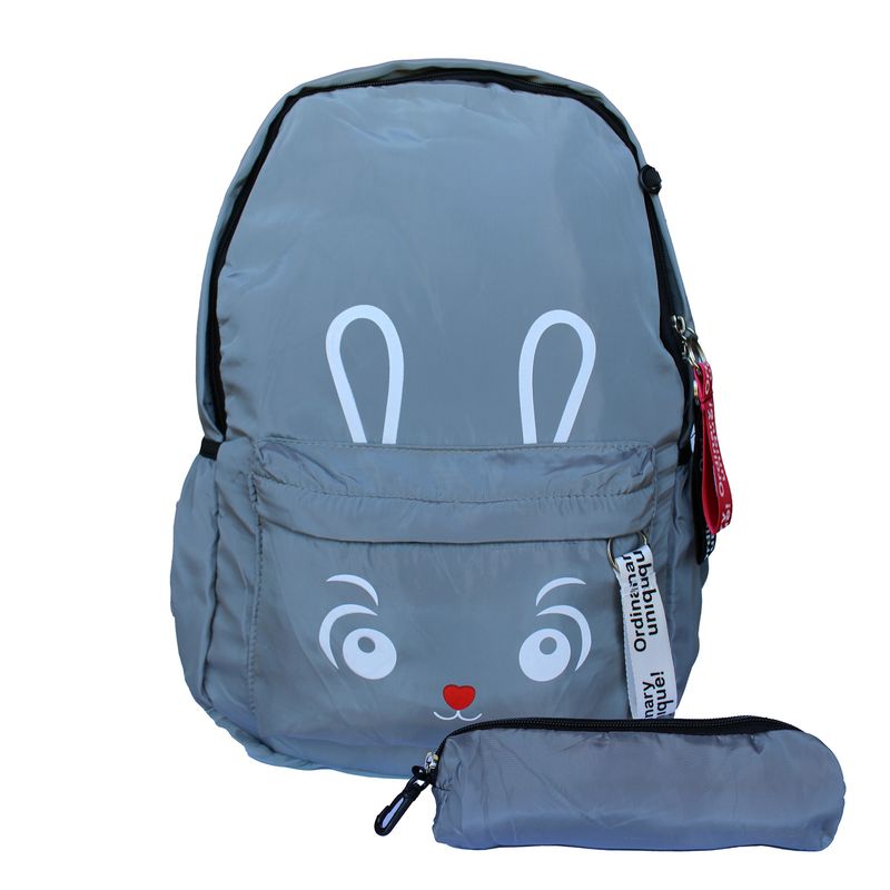 GENERICO - Mochila Escolar Kawaii Con Cara De Conejo + Estuche color gris