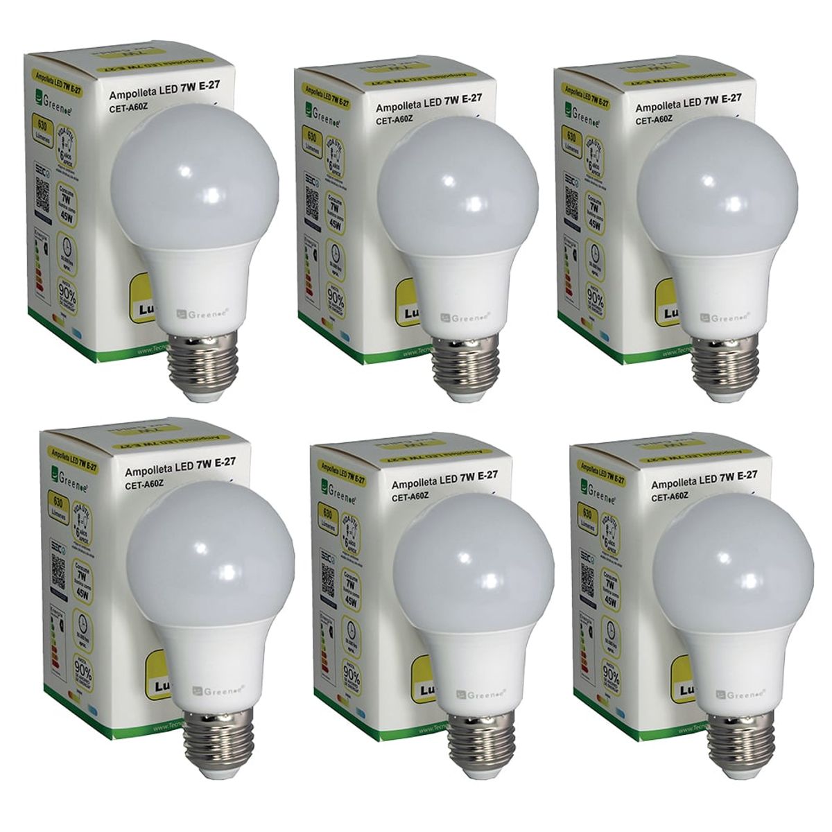 GREEN E - Ampolleta led 7w  E27 luz cálida x 6 Unidades