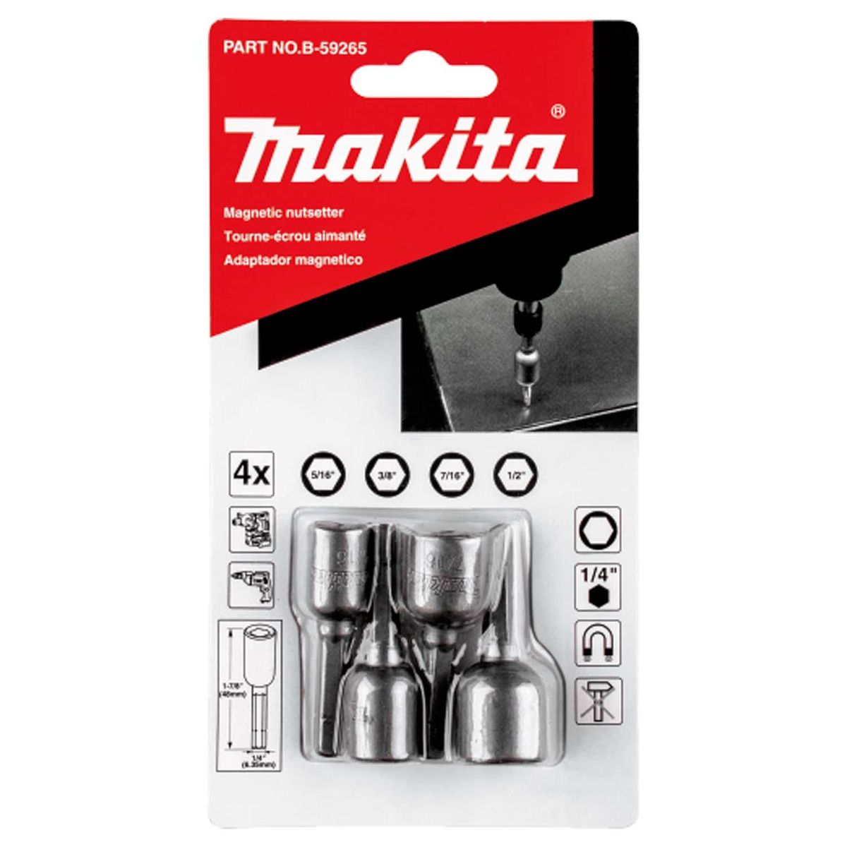 MAKITA - Set 4 Vasos Magnéticos 5/16'', 3/8'', 7/16'', 1/2'' - Makita