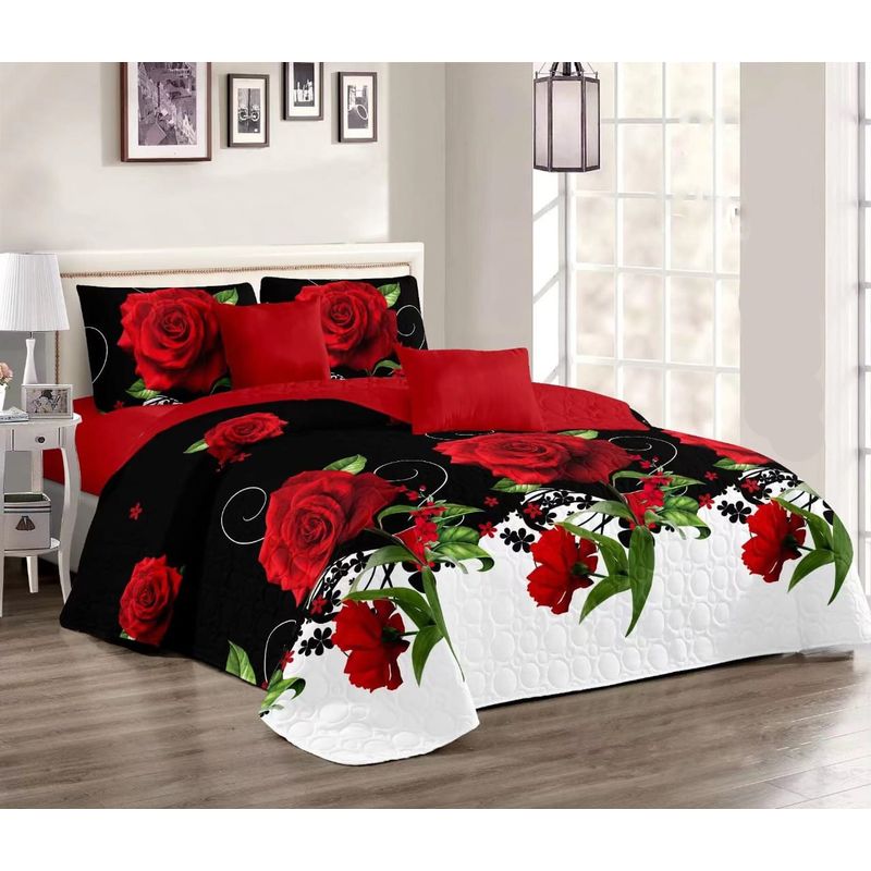 GENERICO - CUBRECAMA DE VERANO QUILT CON DISEÑO 2 PLAZA NEGRO ROSAS TF
