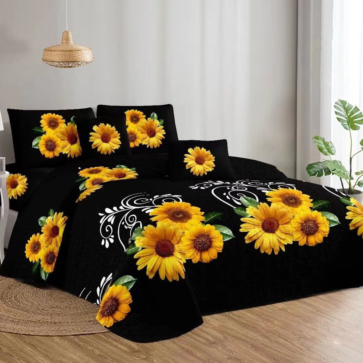 GENERICO - CUBRECAMA DE VERANO QUILT CON DISEÑO KING NEGRO GIRASOLES TF