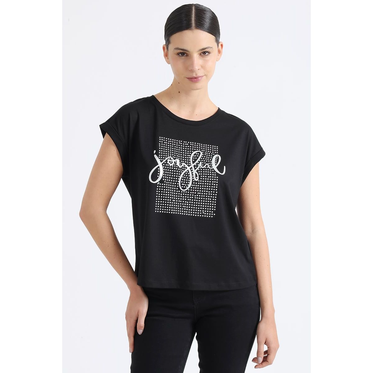 LIOLA - Polera Aplicación Tacha Y Texto, Negro Liola