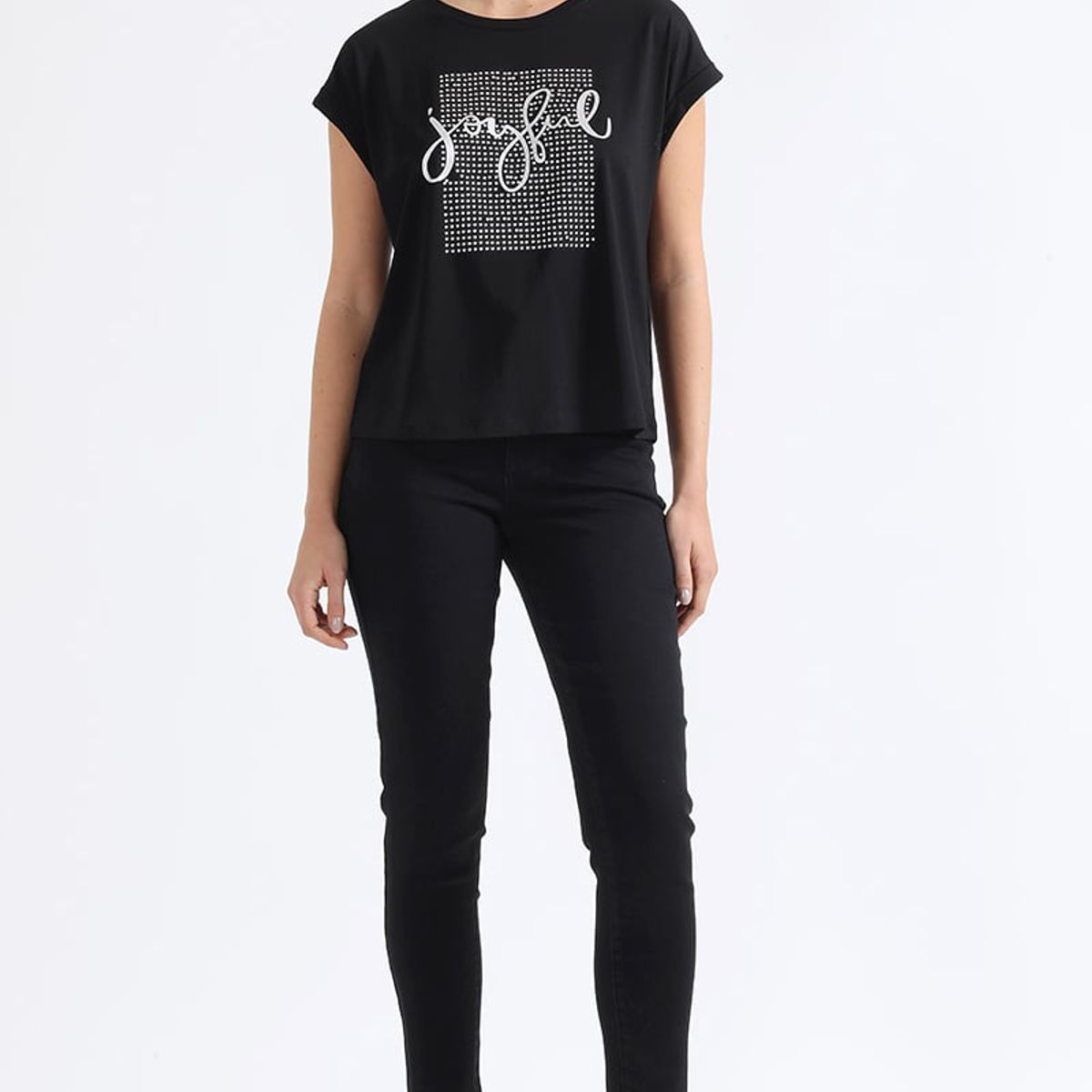 LIOLA - Polera Aplicación Tacha Y Texto, Negro Liola