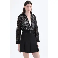 LIOLA - Chaqueta Bomber Encaje, Negro