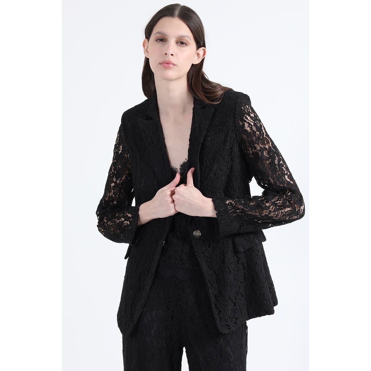 LIOLA - Blazer Entallado Encaje, Negro Liola