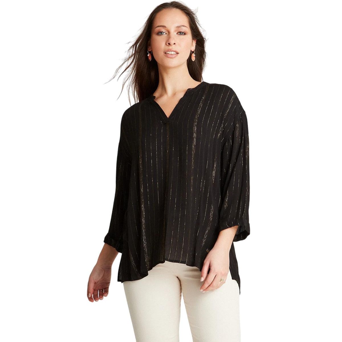 CURVI - Blusa Negro Manga 3,4 Cuello Mao