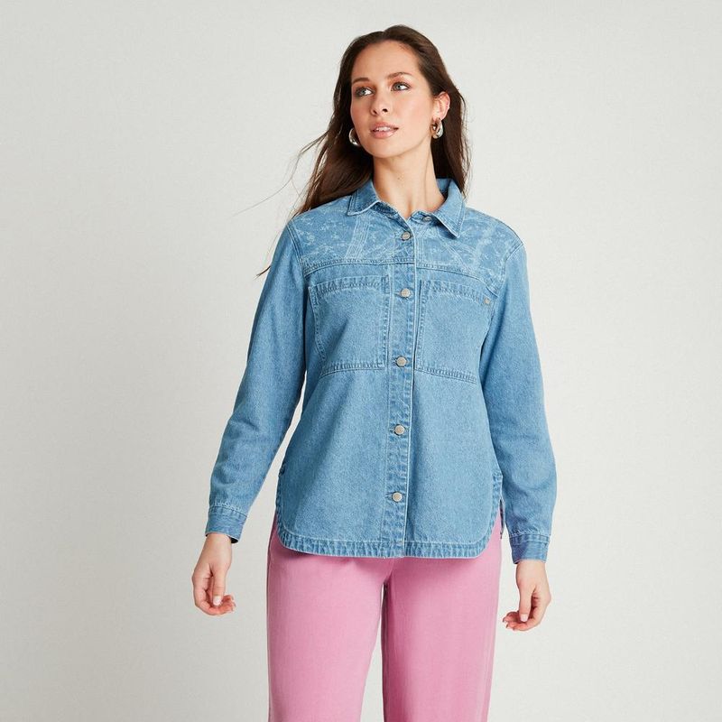 CURVI - Chaqueta Mezclilla Azul Medio Manga Larga Cuello Camisero CURVI