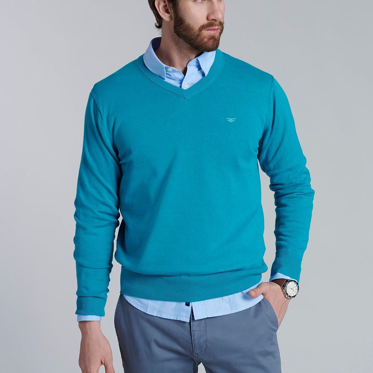 FEROUCH - Sweater V Neck Solido F Azul Ferouch