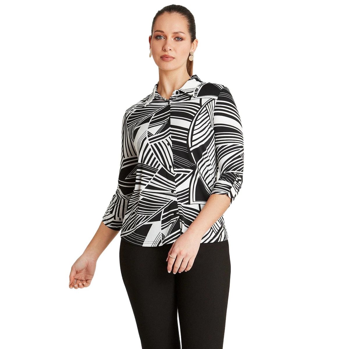 LORENZO DI PONTTI - Polera Negro Manga Larga Estampado Cuello Camisero