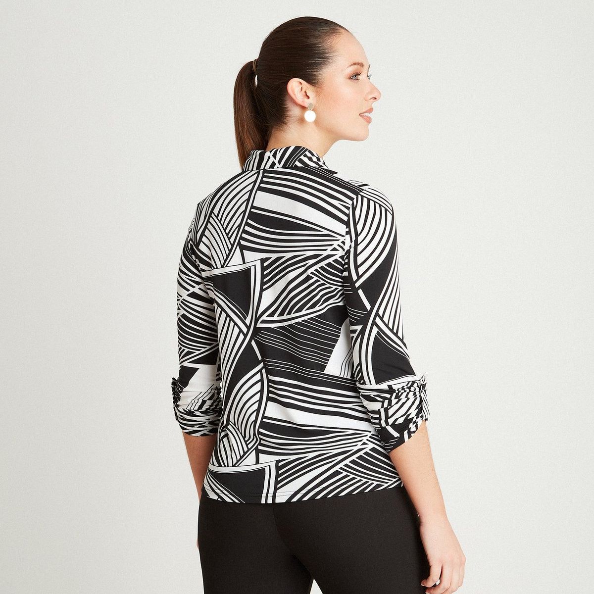 LORENZO DI PONTTI - Polera Negro Manga Larga Estampado Cuello Camisero