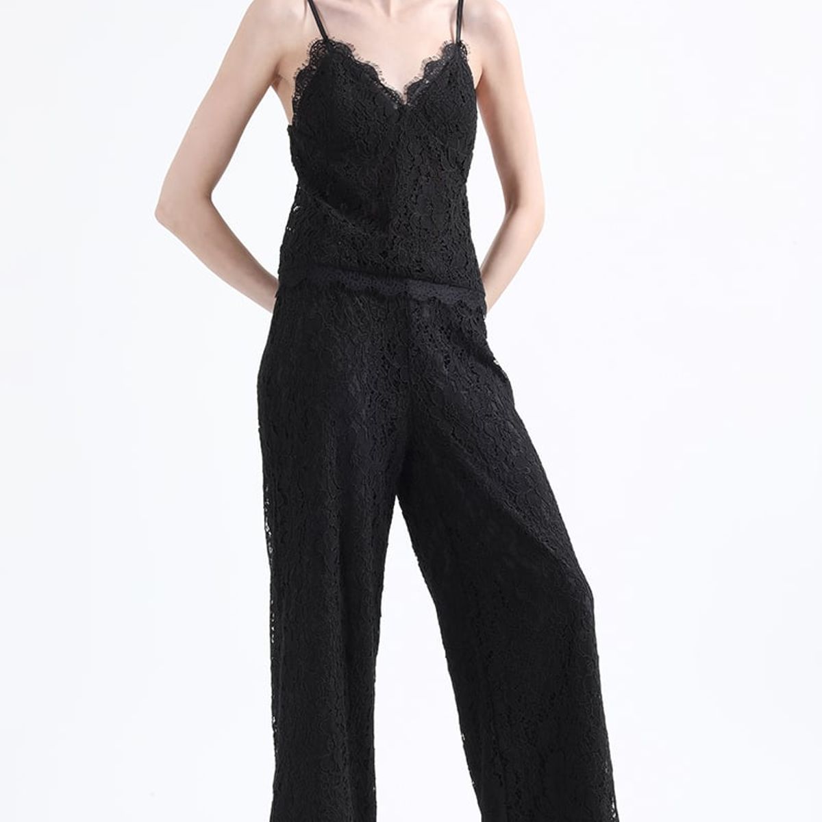 LIOLA - Pantalon Ancho Tiro Alto, Encaje, Negro Liola