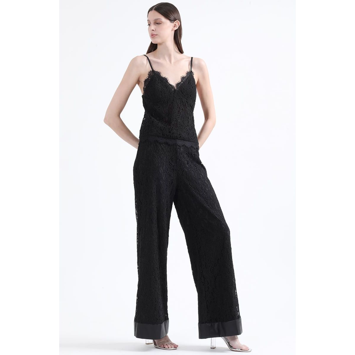LIOLA - Pantalon Ancho Tiro Alto, Encaje, Negro Liola