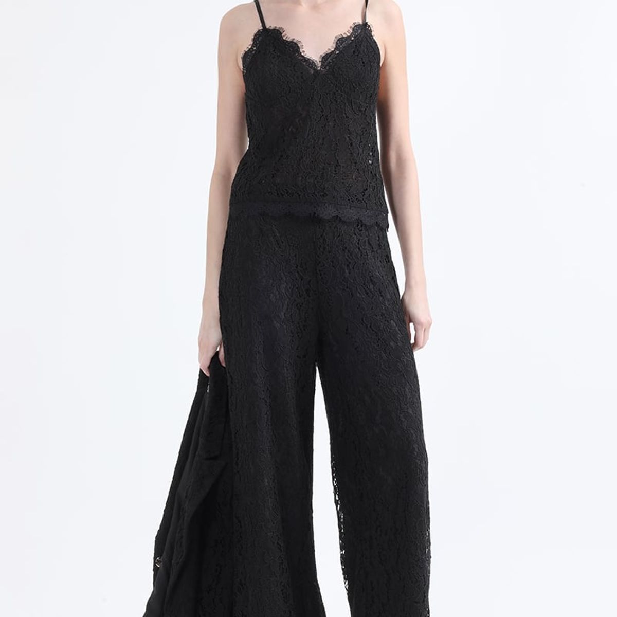 LIOLA - Pantalon Ancho Tiro Alto, Encaje, Negro Liola