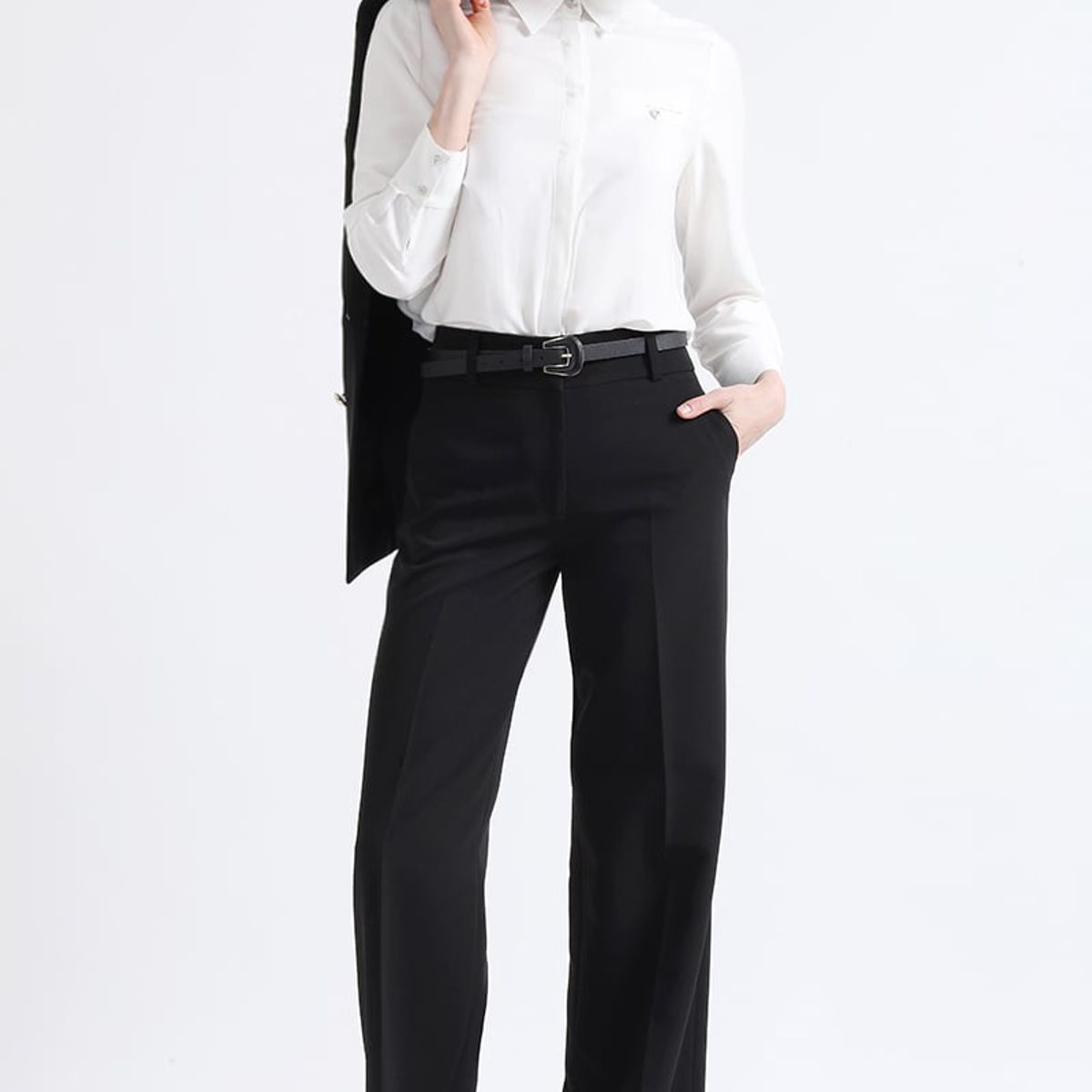 LIOLA - Pantalon Recto, Tiro Alto, Negro Liola