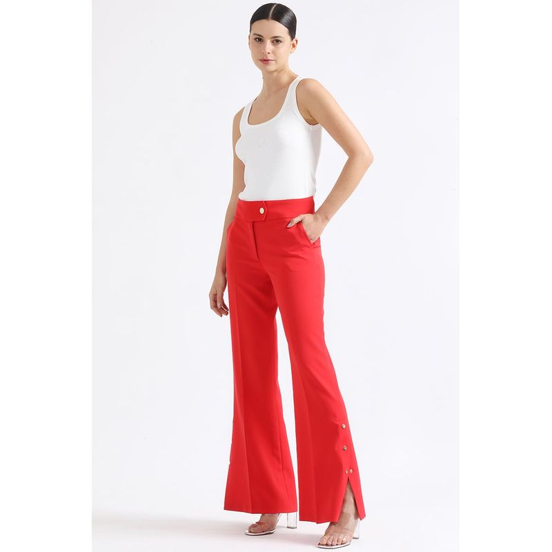 LIOLA - Pantalon Flare Tiro Alto Con Broches, Rojo Liola