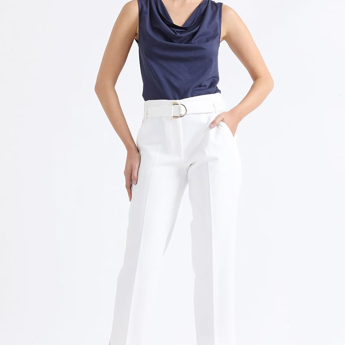 LIOLA - Pantalon Sastre Tiro Alto Con Cinturon, Crudo Liola