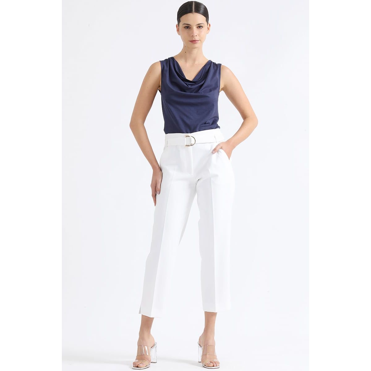 LIOLA - Pantalon Sastre Tiro Alto Con Cinturon, Crudo Liola