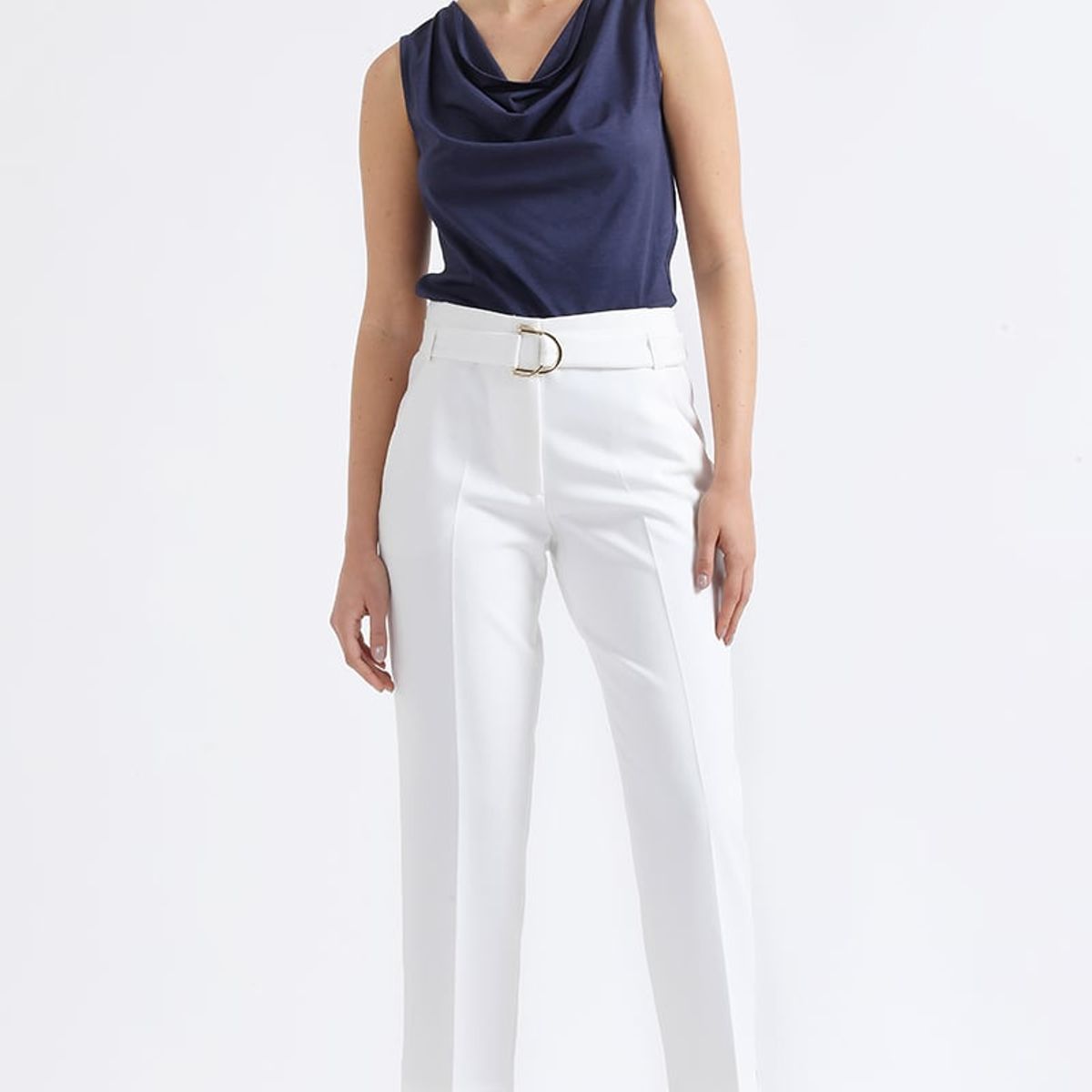 LIOLA - Pantalon Sastre Tiro Alto Con Cinturon, Crudo Liola