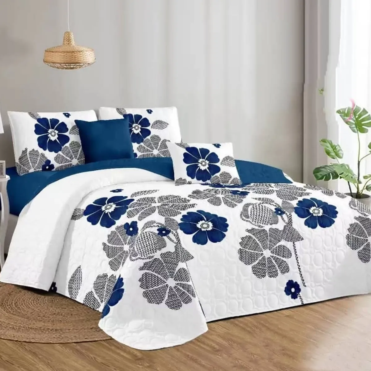 GENERICO - CUBRECAMA QUILT DE VERANO 2 PLAZA DISEÑO FLOR AZUL TF
