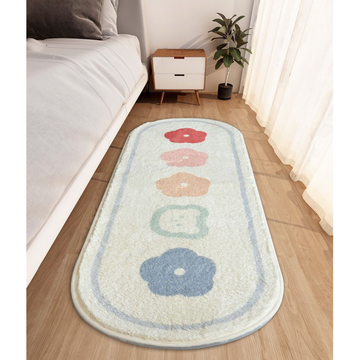 CRUSEC - Alfombra Larga Ovalada Peluda Dormitorio Flores 120x40cm