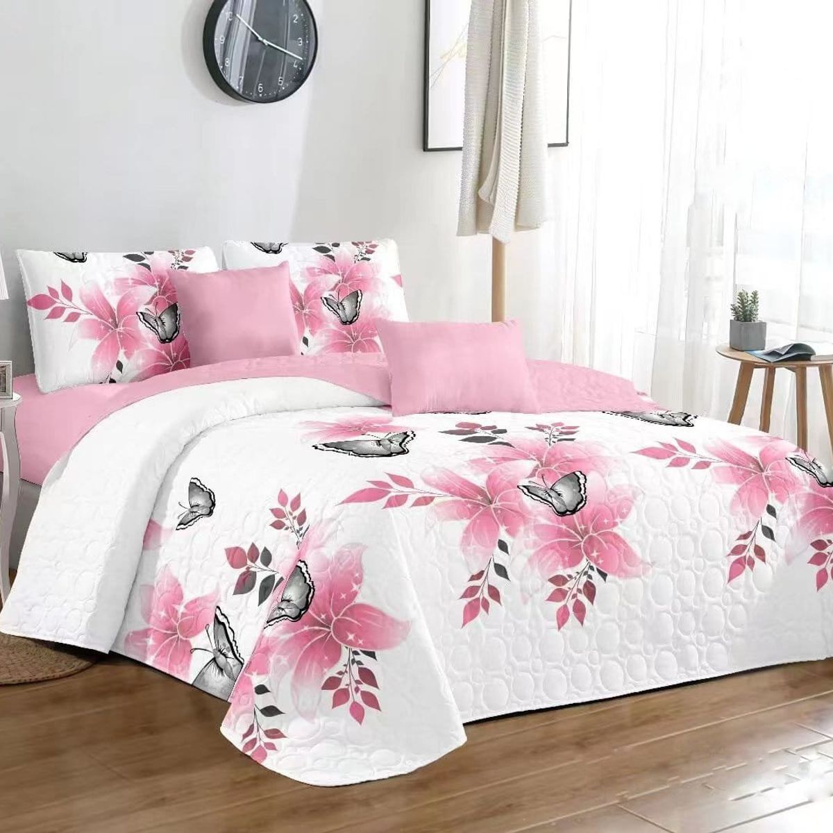 GENERICO - CUBRECAMA QUILT DE VERANO KING DISEÑO FLOR ROSA TF