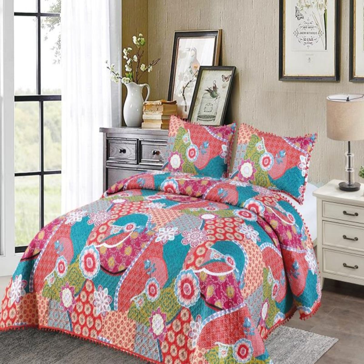 GENERICO - Cubrecama Ligero De Verano Con Pompones - Elegantes 2P