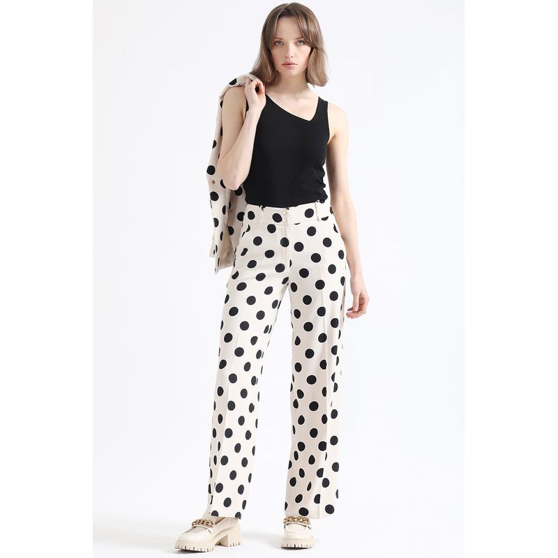 LIOLA - Pantalon Recto, Estampado Lunares, Crudo/Negro Liola