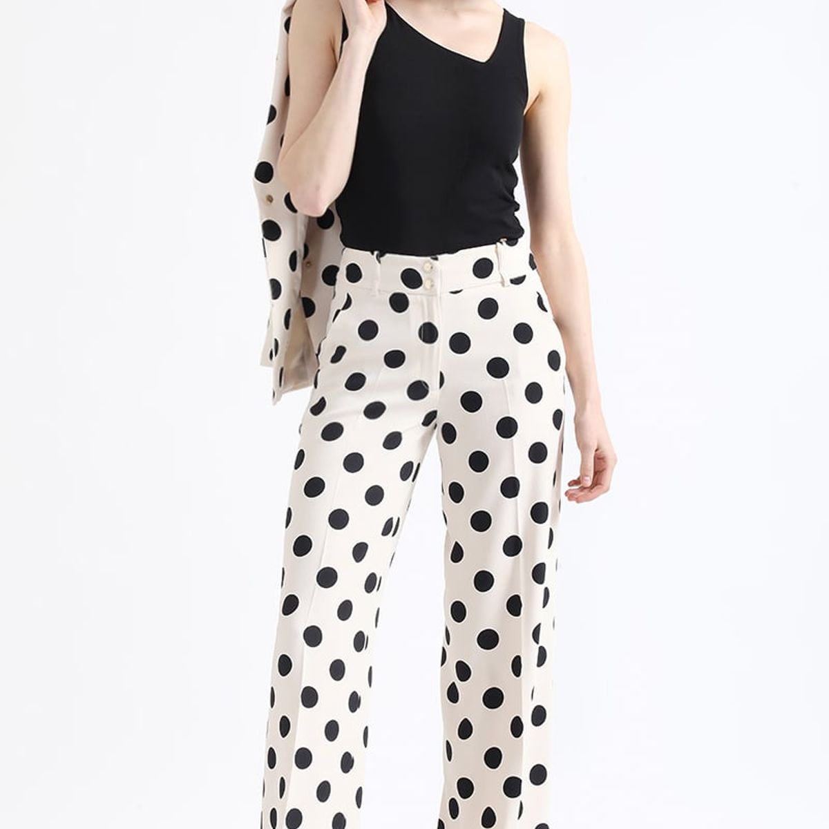 LIOLA - Pantalon Recto, Estampado Lunares, Crudo/Negro Liola