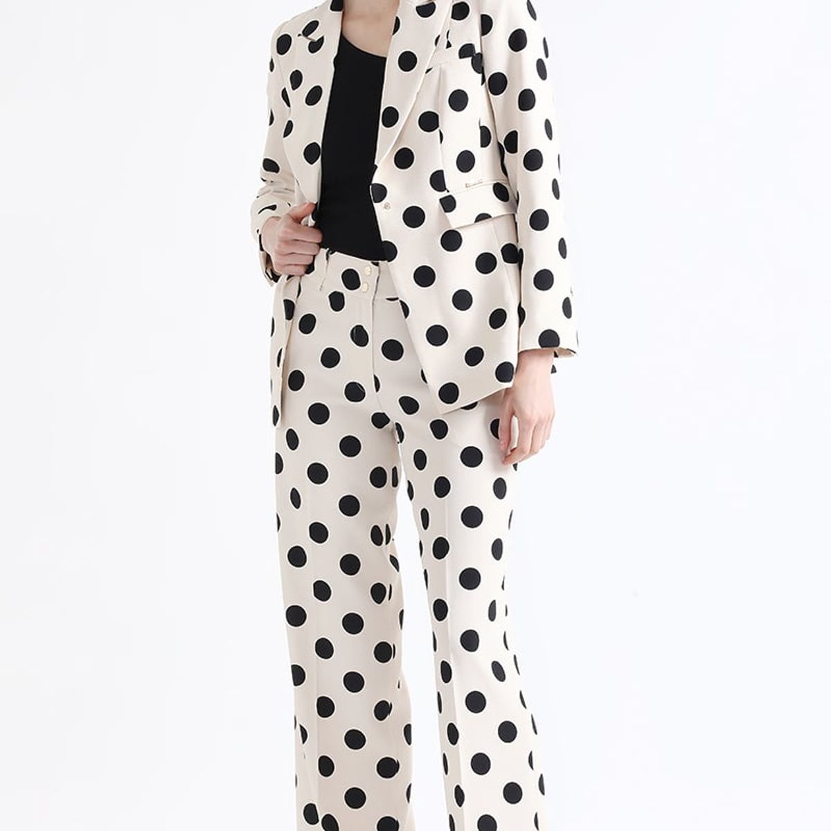 LIOLA - Pantalon Recto, Estampado Lunares, Crudo/Negro Liola