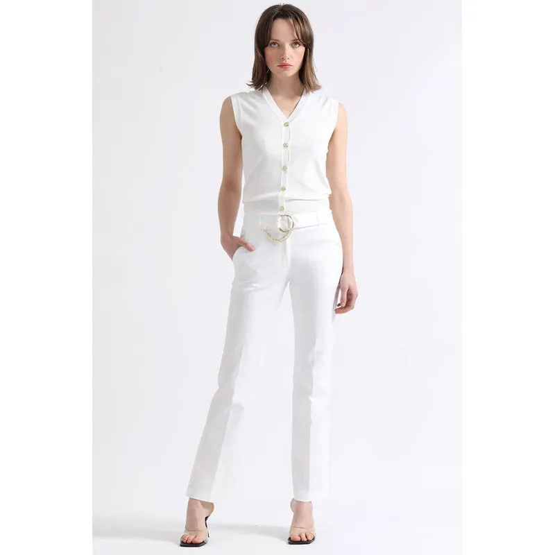 LIOLA - Pantalon Flare, Tiro Medio, Con Cinturon, Crudo Liola