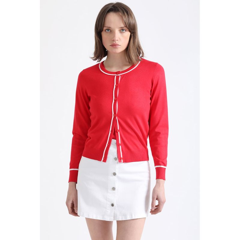 LIOLA - Cardigan Tejido Punto Bicolor, Rojo Liola