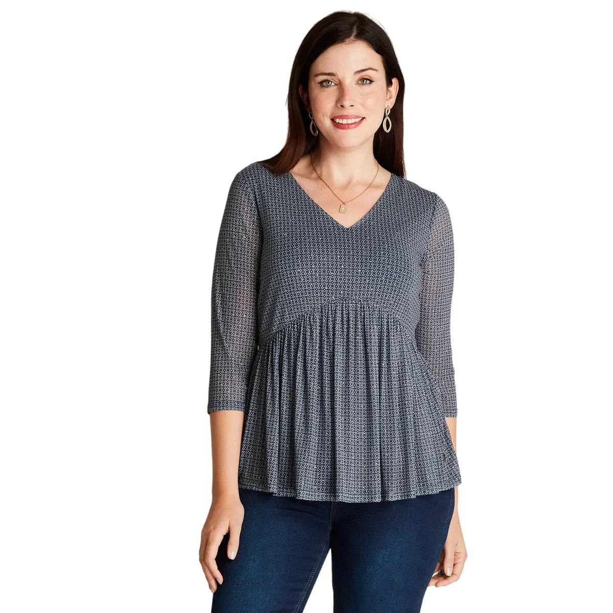 CURVI - Polera Azul Manga 3,4 Estampado Cuello V