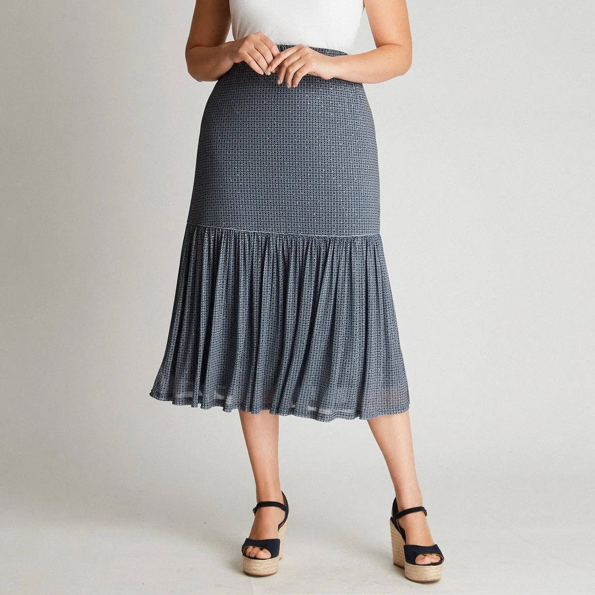 CURVI - Falda Azul Larga Estampado Acampanada CURVI