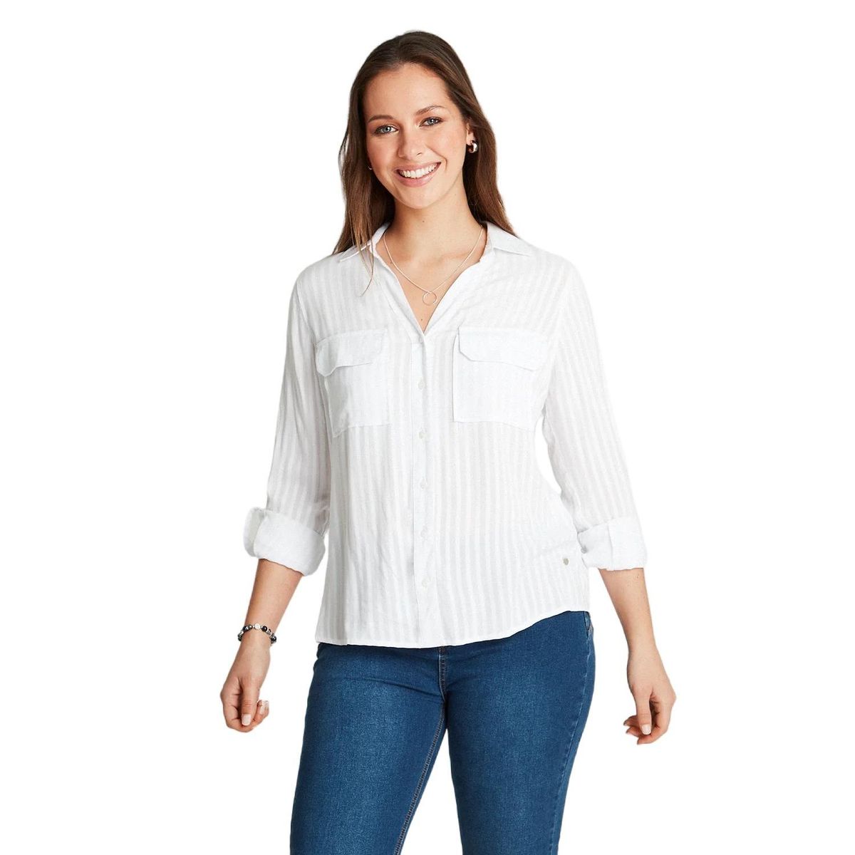 CURVI - Blusa Blanca Cuello Camisero