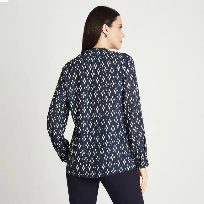 LORENZO DI PONTTI - Blusa Blanco Manga Larga Estampado Cuello Mao