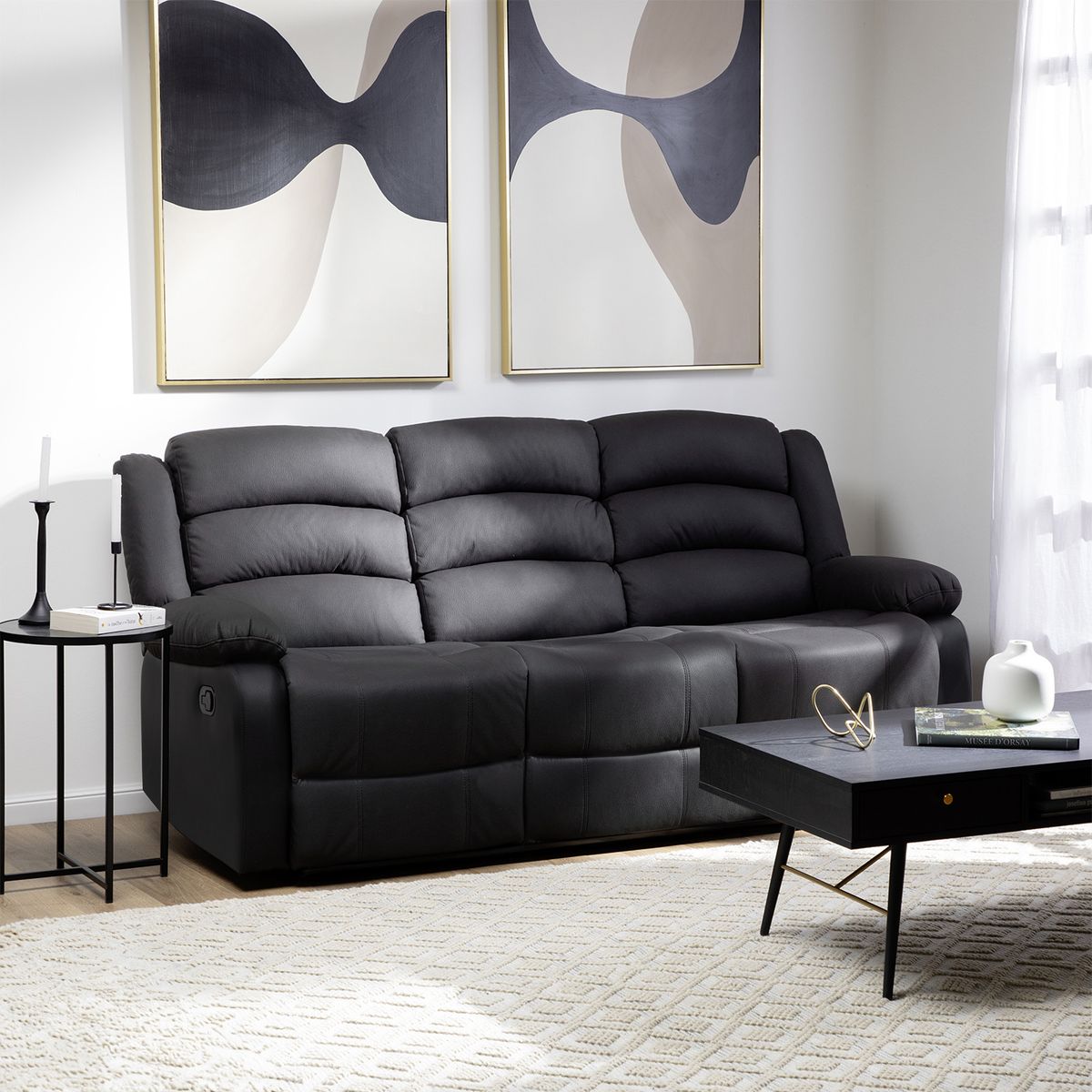 DANIELS - Sofa 3 Cuerpos Reclinable Portavasos Negro Moderno Roma