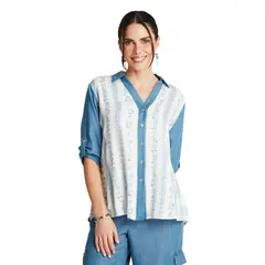 CURVI - Blusa Azul Medio Manga 3,4 Estampado Cuello Camisero