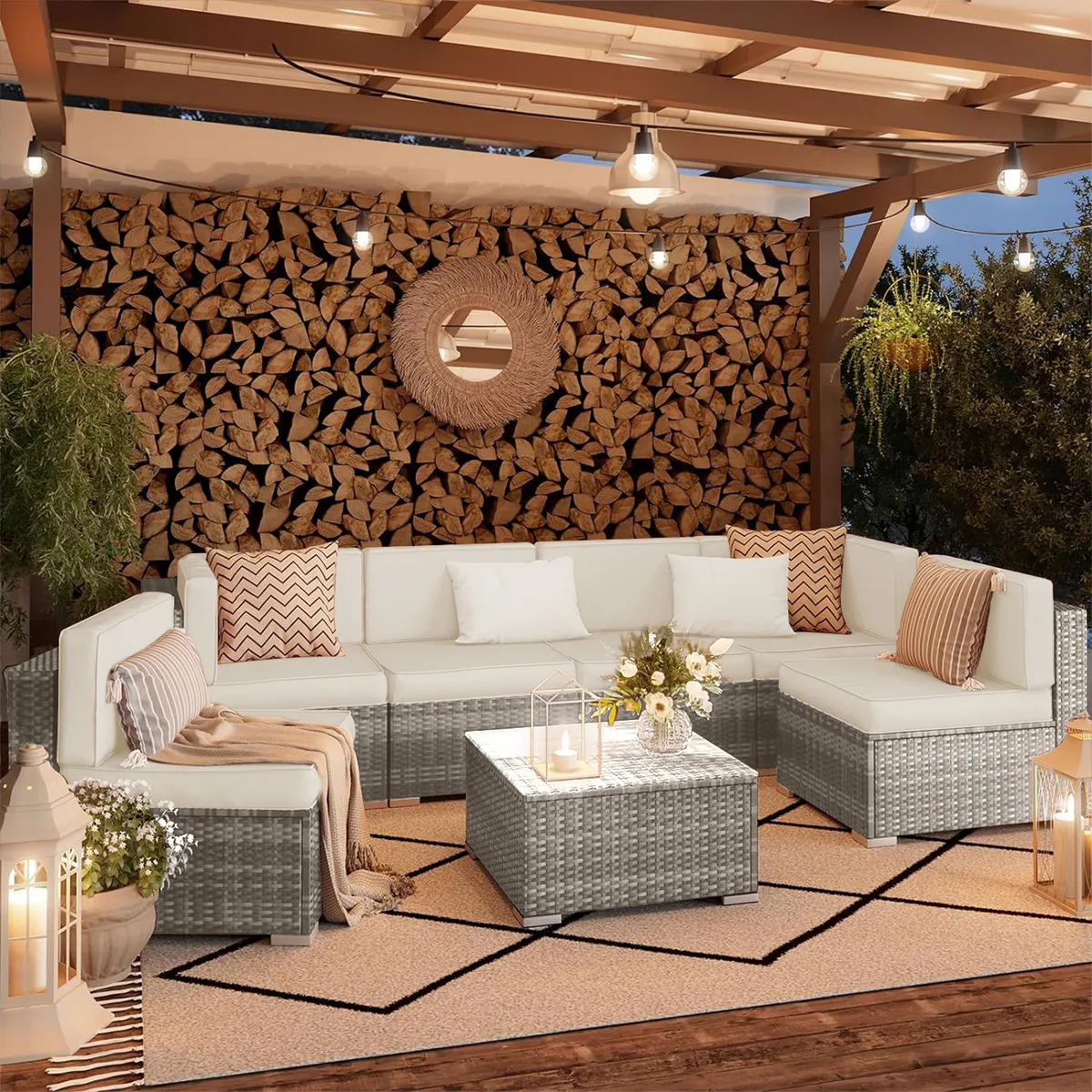 ELEMENT DESIGN - Juego de Living de Terraza Rocco - Sofá Seccional de 7 Piezas PE Ratán Beige