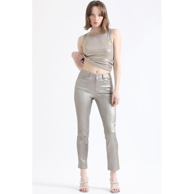 LIOLA - Pantalon Slim Tiro Medio, Metalizado, Café Liola