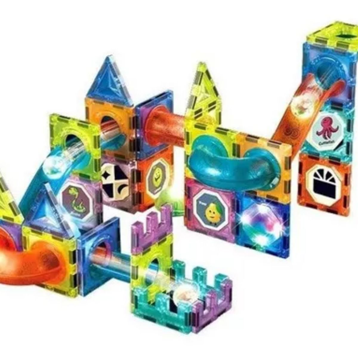 MAGNETIC TILES - Bloque De Construcción Magnético Pista De Bola Led 75pcs