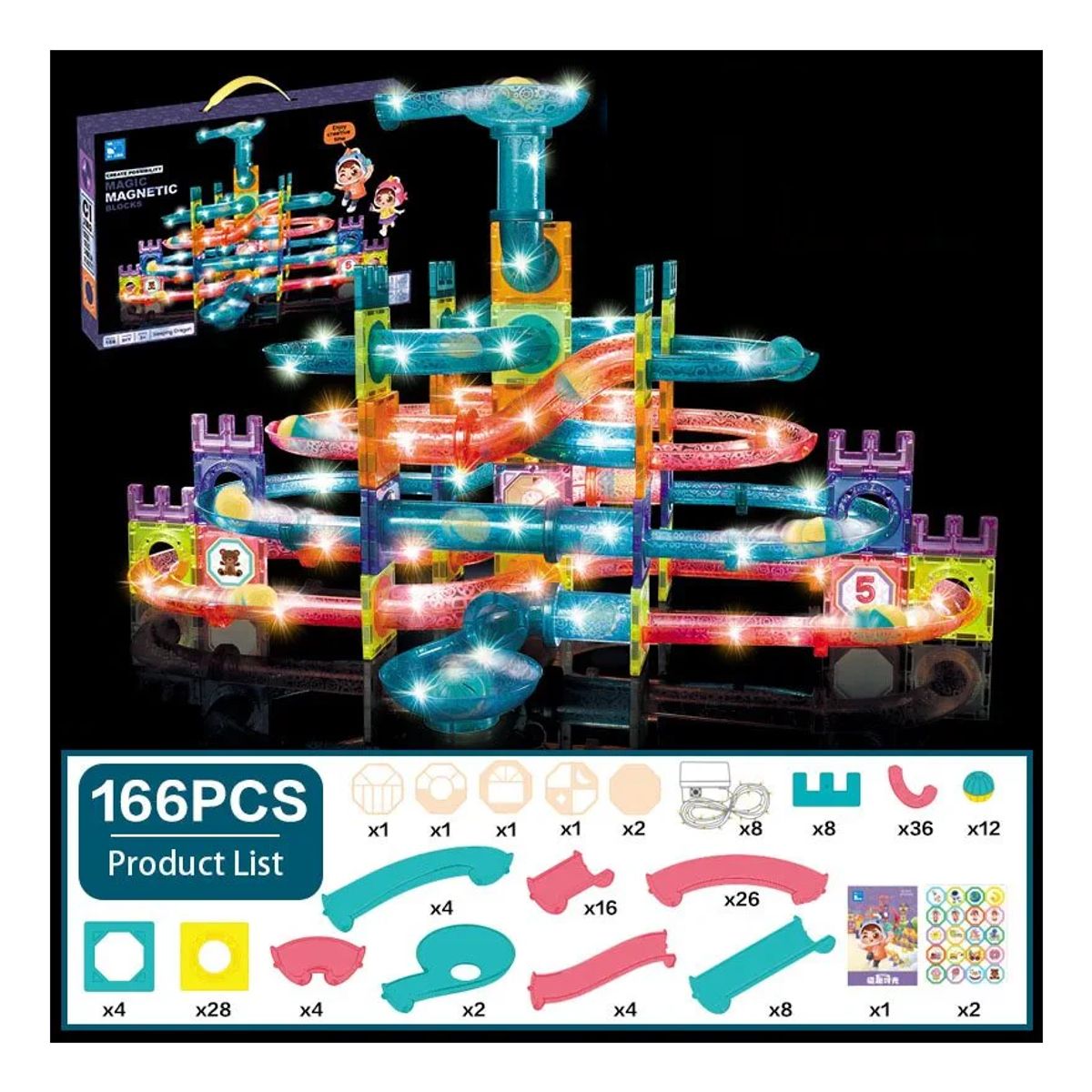MAGNETIC TILES - Set De Construcción Magnético Iman Tobogán 166 Piezas Magnet
