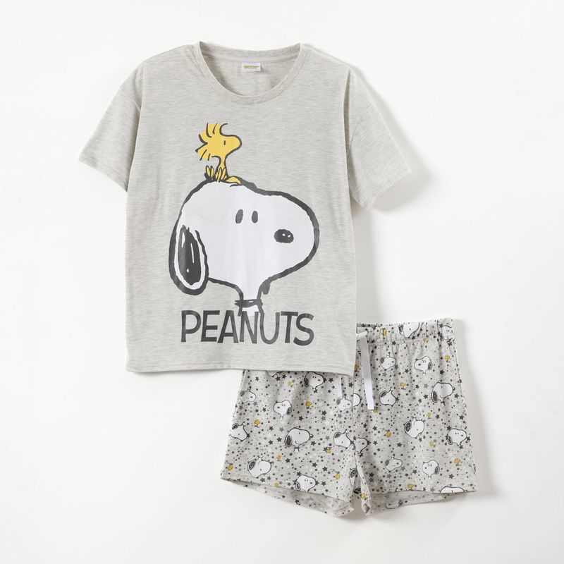 SNOOPY - Pijama Corto Mujer Cara Peanuts Gris Snoopy