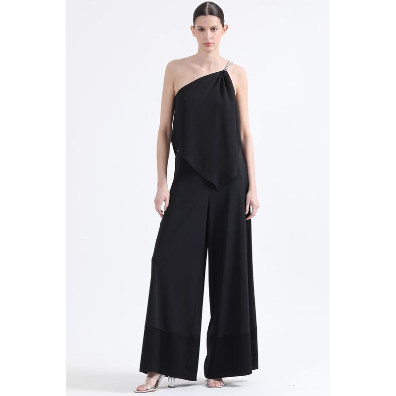 LIOLA - Pantalon Palazzo, Tiro Alto,  Aplicación Satin, Negro Liola