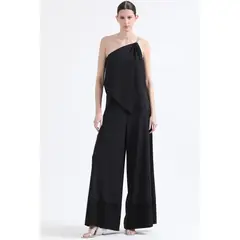 LIOLA - Pantalon Palazzo, Tiro Alto, Aplicación Satin, Negro